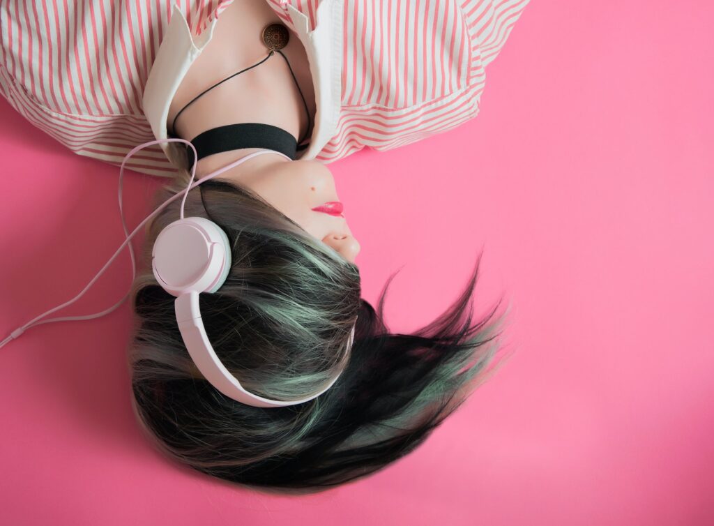 woman listening to a podcast